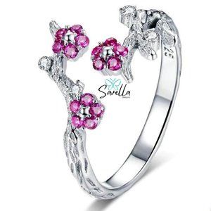 Resizable Cherry Blossom Ring Solid Sterling 925 Silver